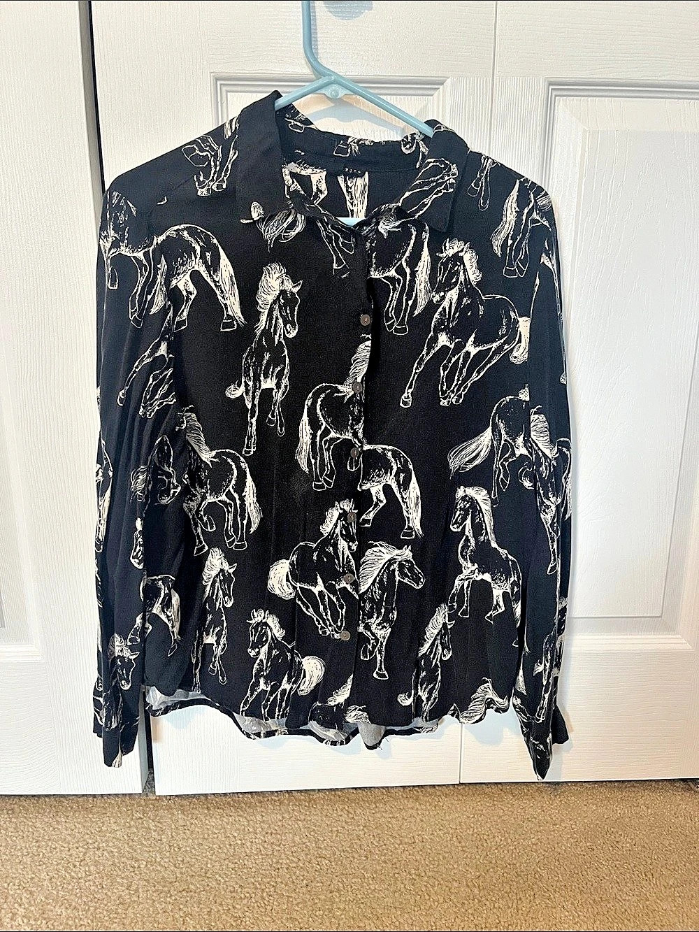 Horse Print Long Sleeve Blouse in Black & White